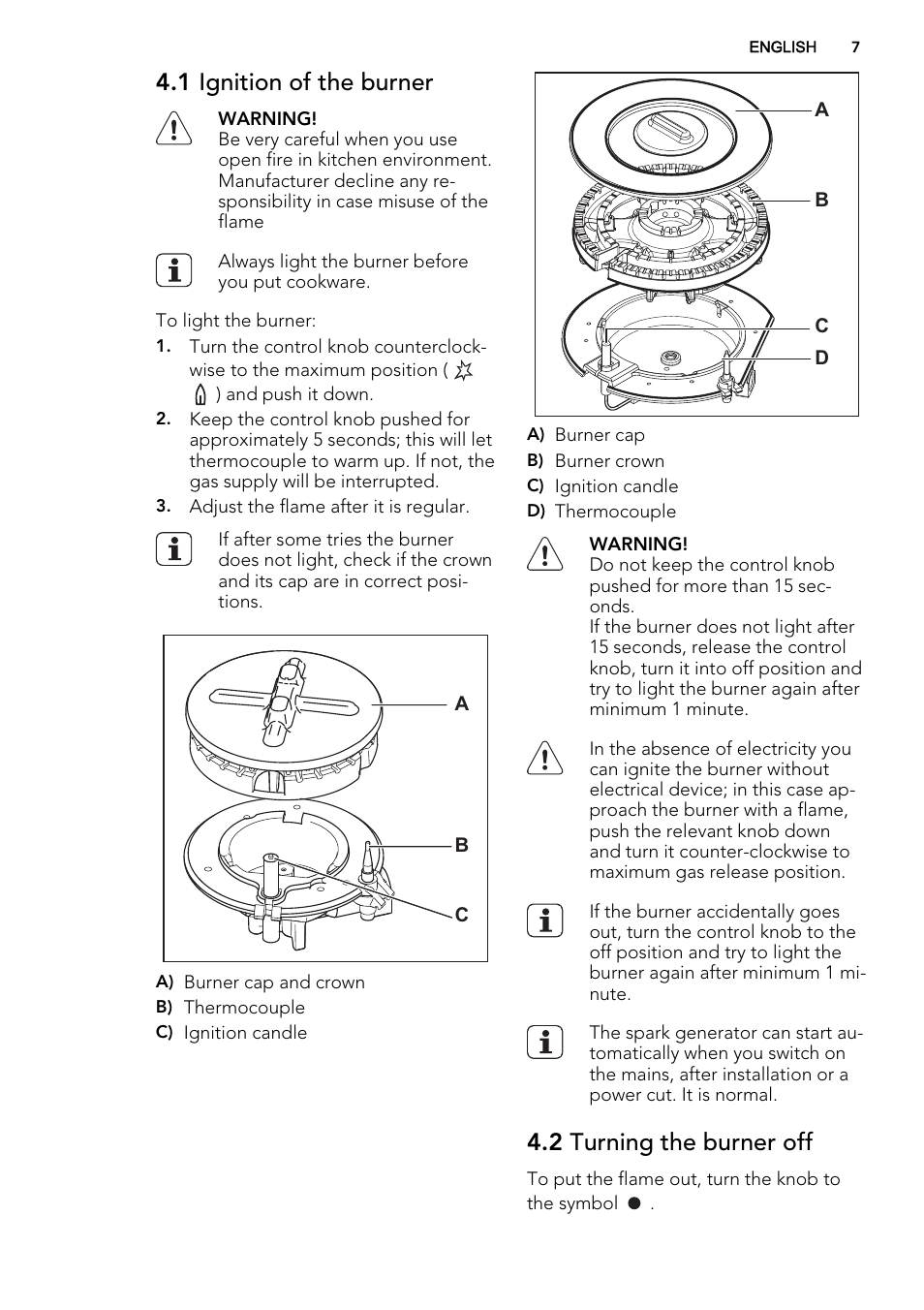 1 ignition of the burner, 2 turning the burner off | AEG HG795440NB User Manual | Page 7 / 20