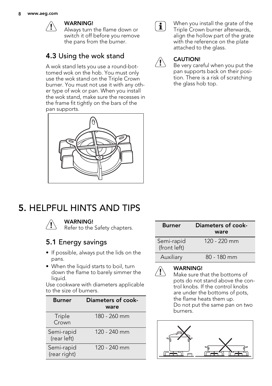 Helpful hints and tips, 3 using the wok stand, 1 energy savings | AEG HG795440NB User Manual | Page 8 / 20