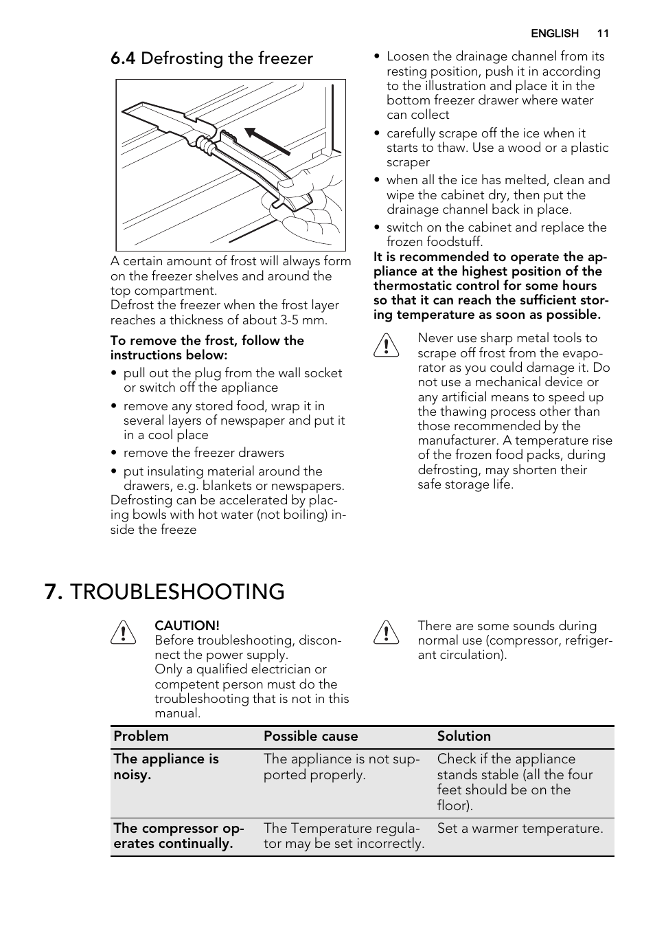 Troubleshooting, 4 defrosting the freezer | AEG S83600CMM0 User Manual | Page 11 / 24