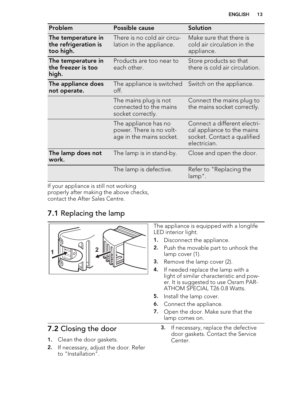 1 replacing the lamp, 2 closing the door | AEG S83600CMM0 User Manual | Page 13 / 24