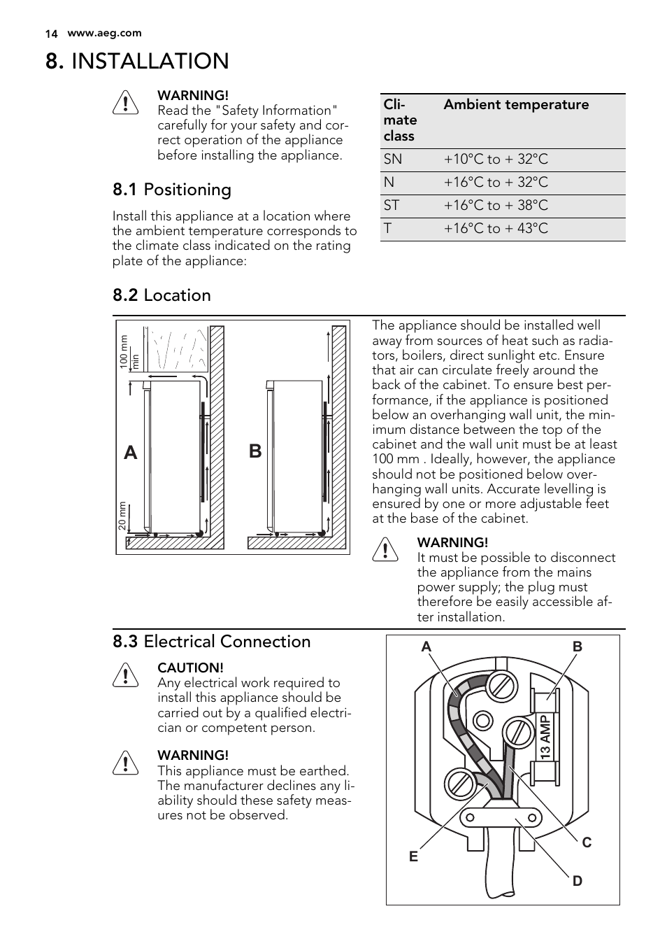 Installation, 1 positioning, 2 location | 3 electrical connection | AEG S83600CMM0 User Manual | Page 14 / 24