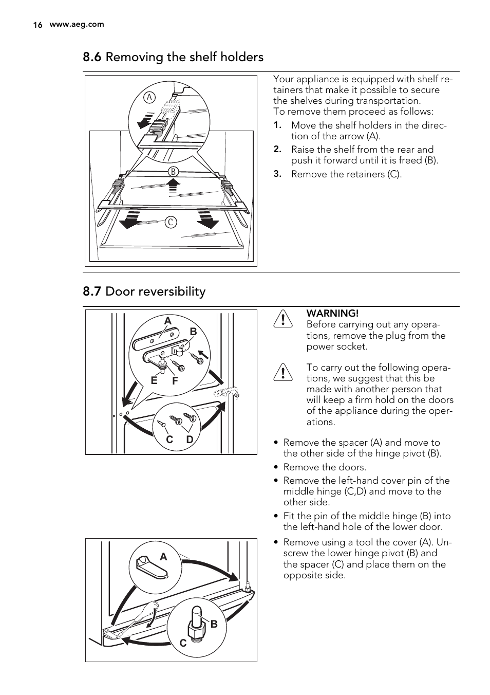 6 removing the shelf holders, 7 door reversibility | AEG S83600CMM0 User Manual | Page 16 / 24