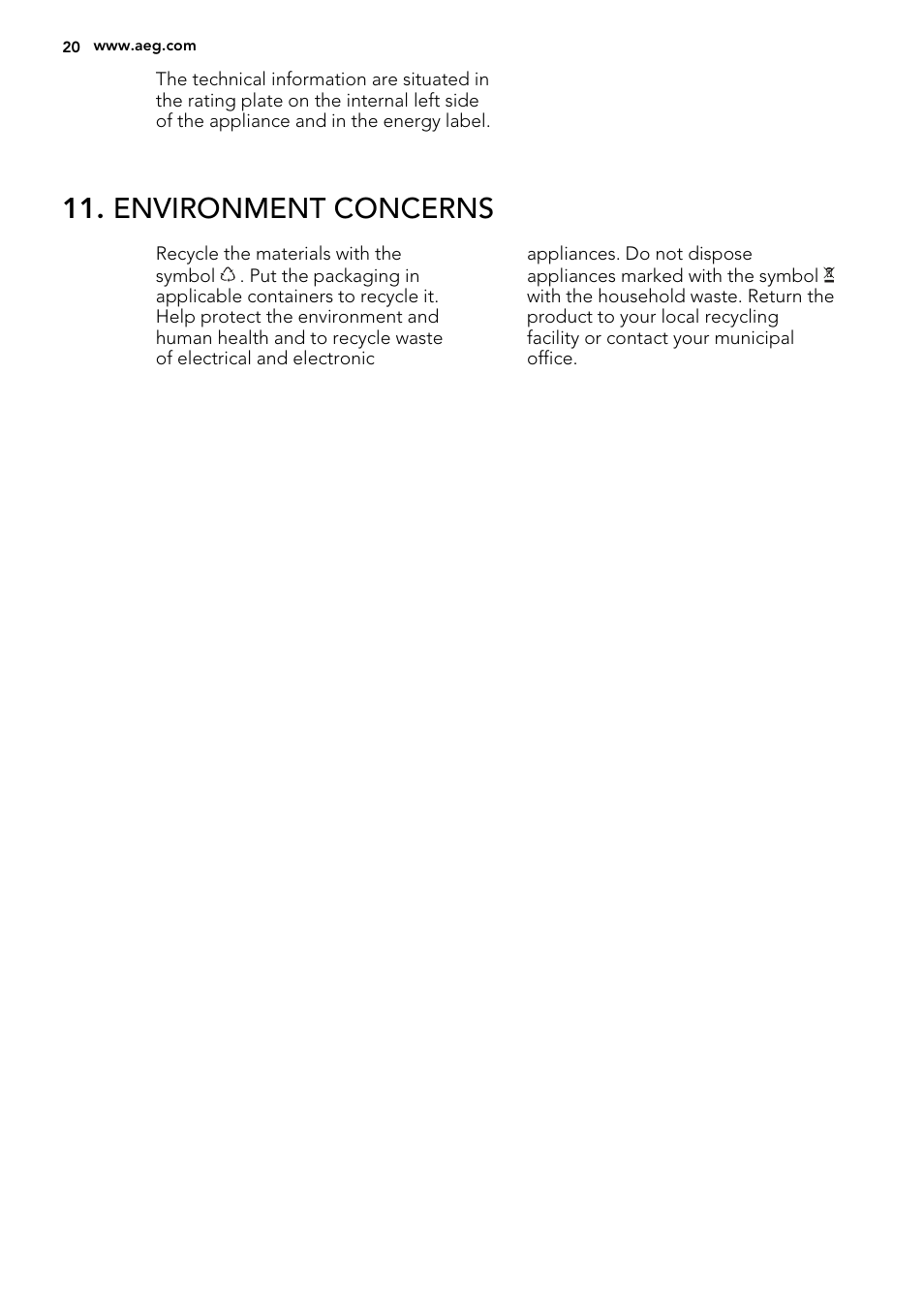Environment concerns | AEG S83600CMM0 User Manual | Page 20 / 24