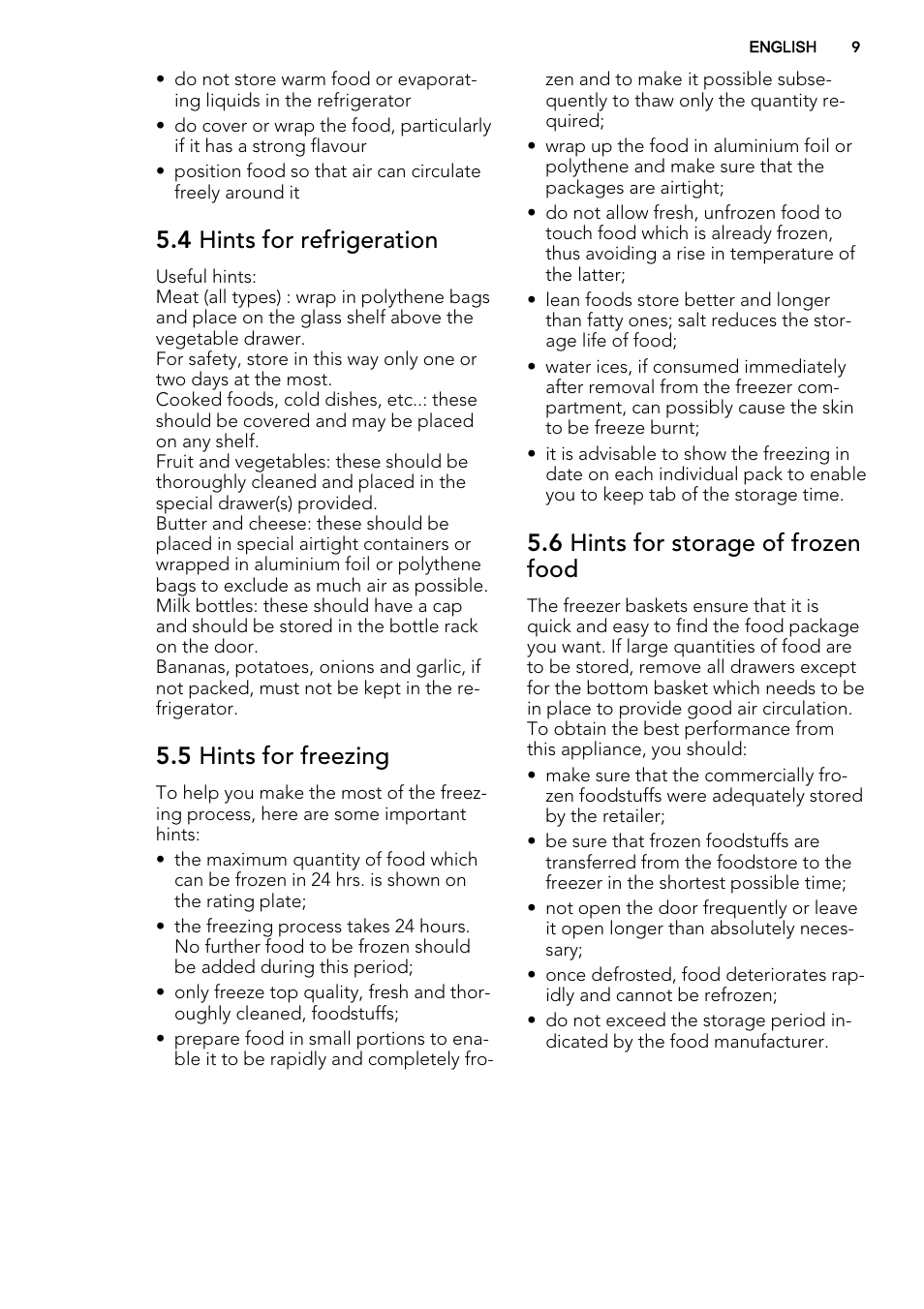 4 hints for refrigeration, 5 hints for freezing, 6 hints for storage of frozen food | AEG S83600CMM0 User Manual | Page 9 / 24
