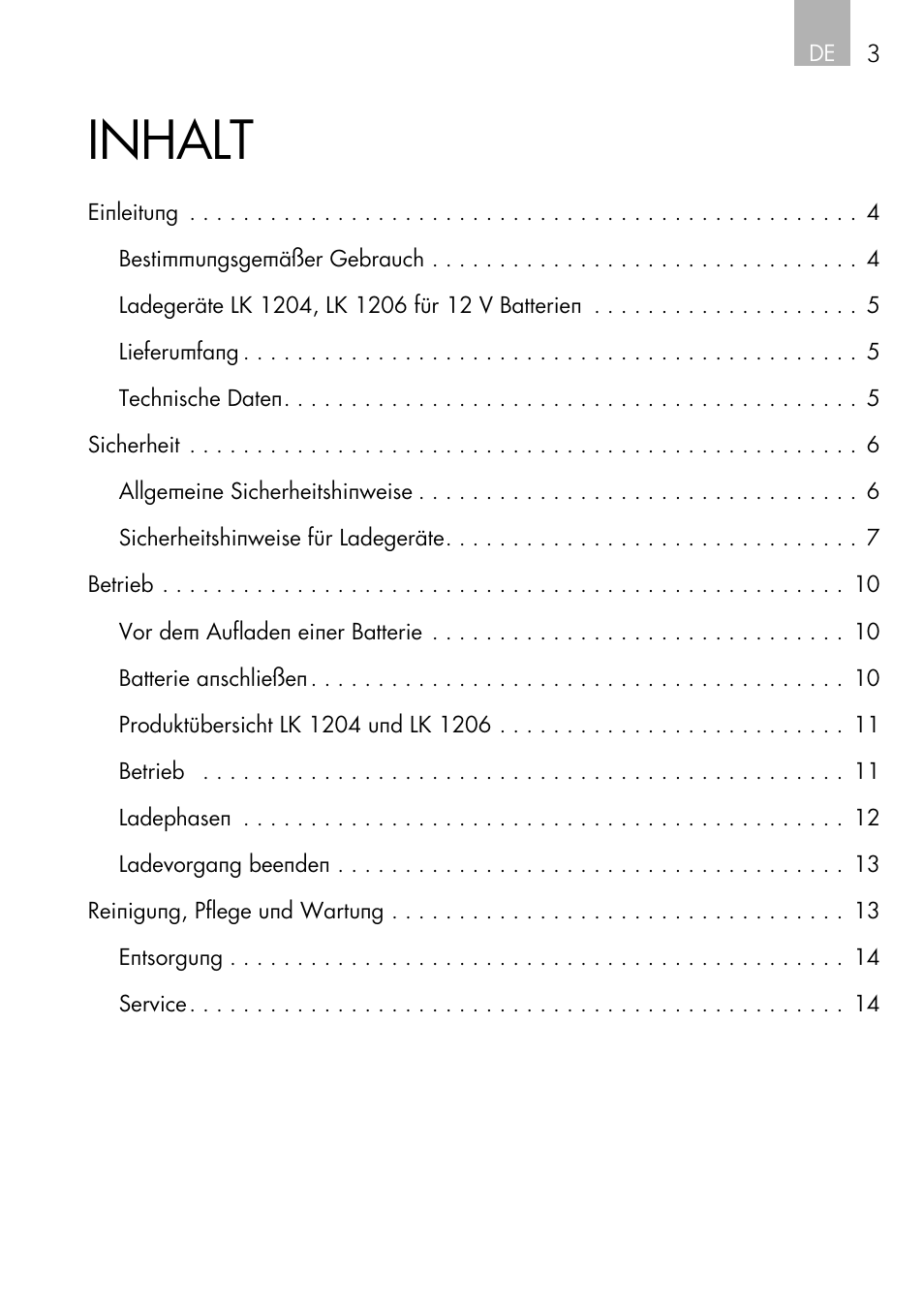 Inhalt | AEG Charger LK 1204 User Manual | Page 3 / 88