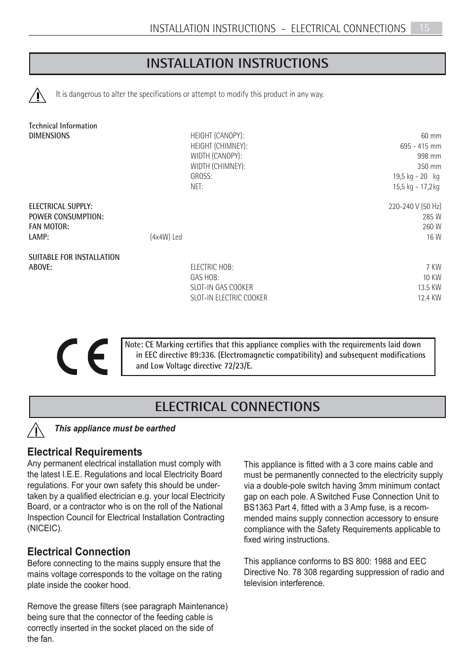 Installation instructions, Electrical connections, Electrical requirements | Electrical connection | AEG X67453MD0 User Manual | Page 15 / 20