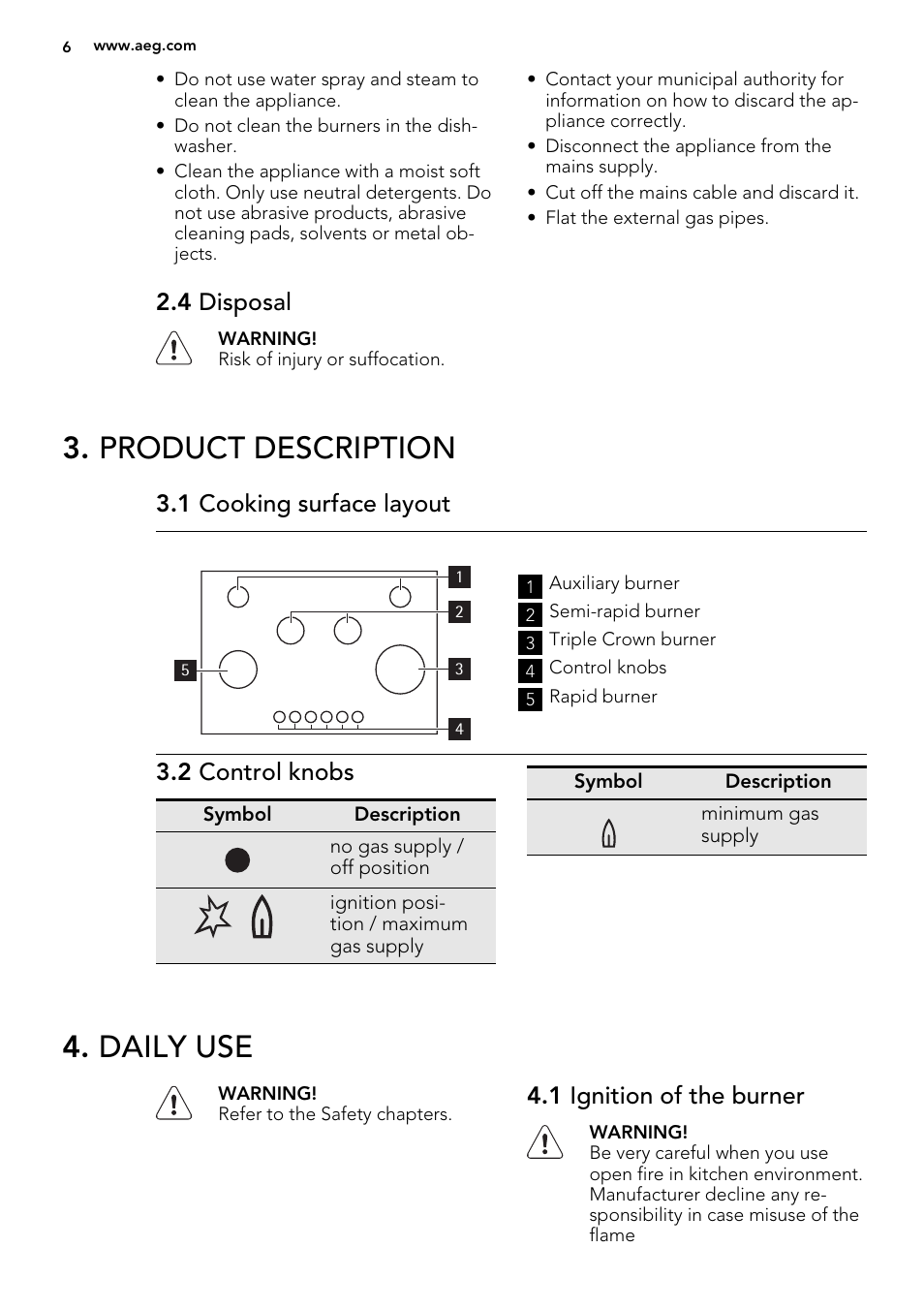 Product description, Daily use, 4 disposal | 1 cooking surface layout, 2 control knobs, 1 ignition of the burner | AEG HG995440NB User Manual | Page 6 / 20