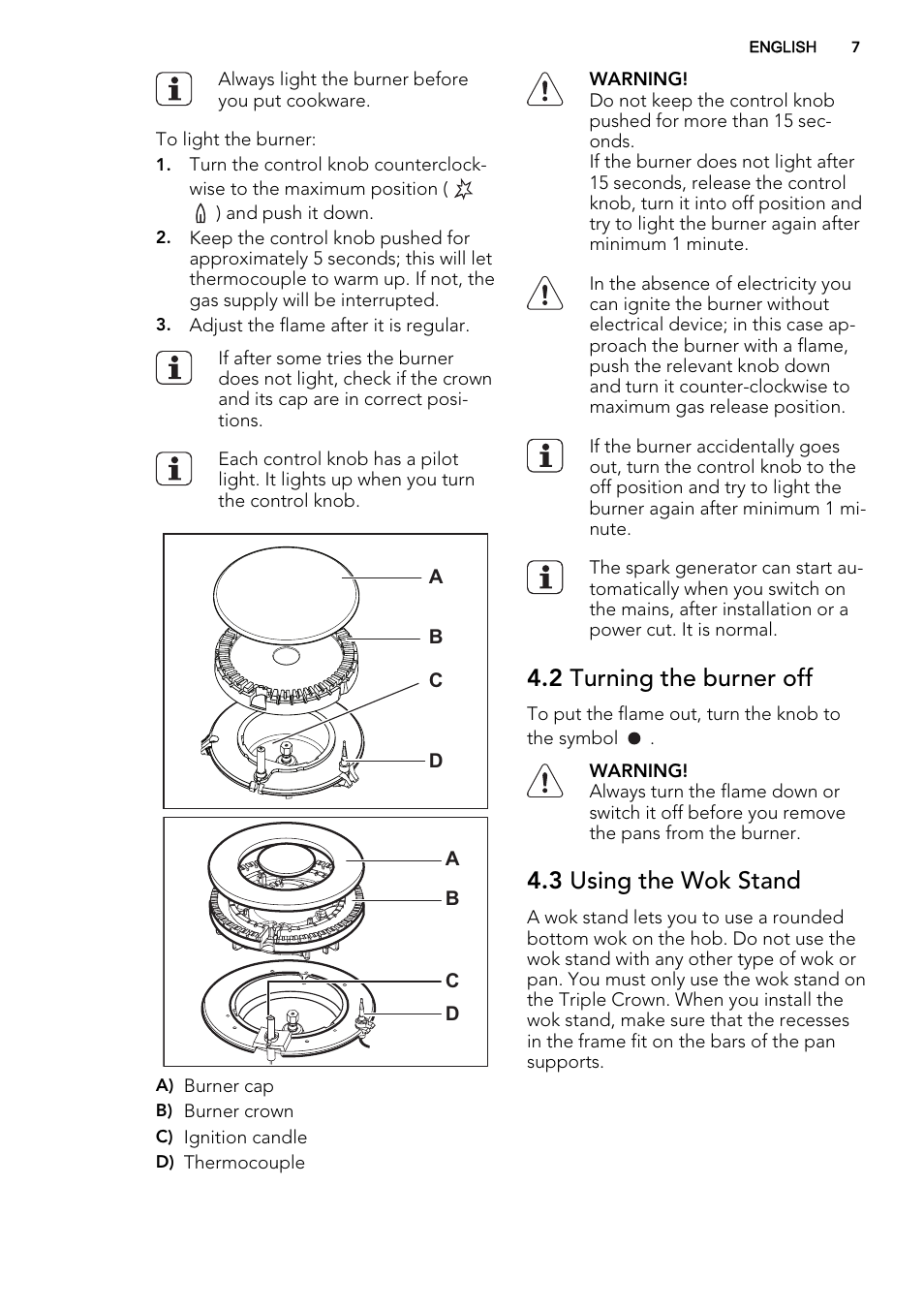 2 turning the burner off, 3 using the wok stand | AEG HG995440NB User Manual | Page 7 / 20