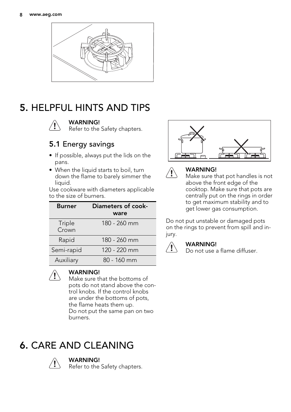 Helpful hints and tips, Care and cleaning, 1 energy savings | AEG HG995440NB User Manual | Page 8 / 20