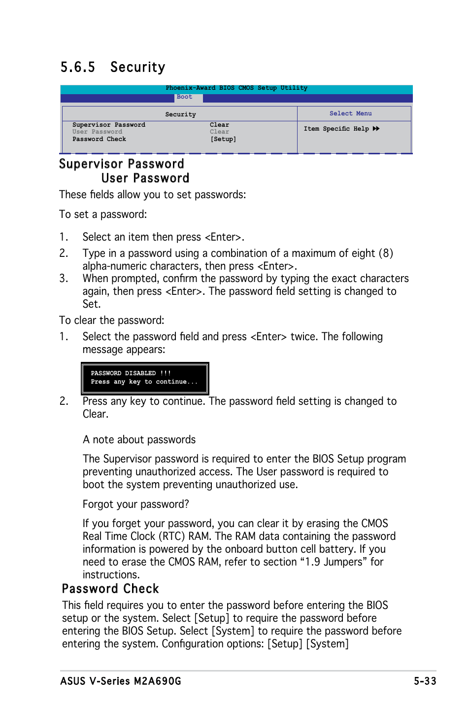 5 security, Supervisor password user password, Password check | Asus M2A690G User Manual | Page 102 / 108