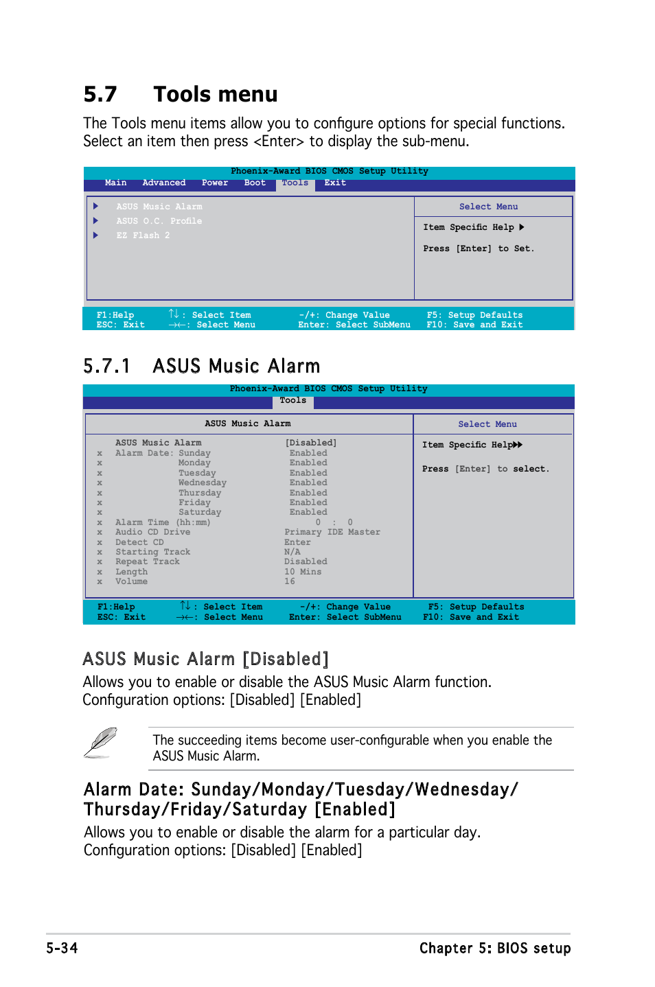 7 tools menu, 1 asus music alarm, Asus music alarm [disabled | Asus M2A690G User Manual | Page 103 / 108