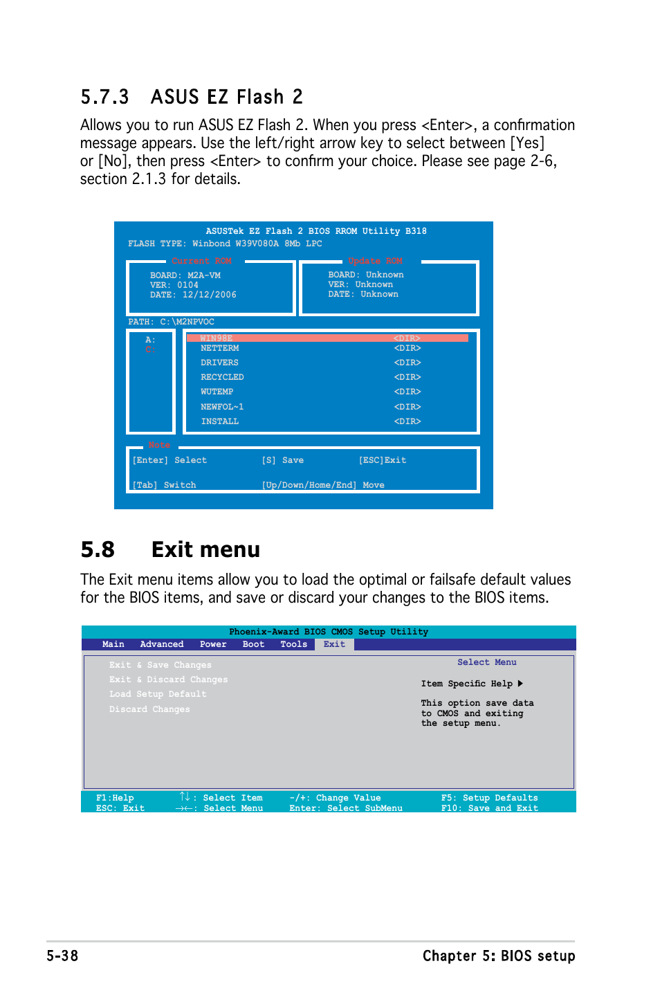 8 exit menu, 3 asus ez flash 2, 38 chapter 5: bios setup | Asus M2A690G User Manual | Page 107 / 108