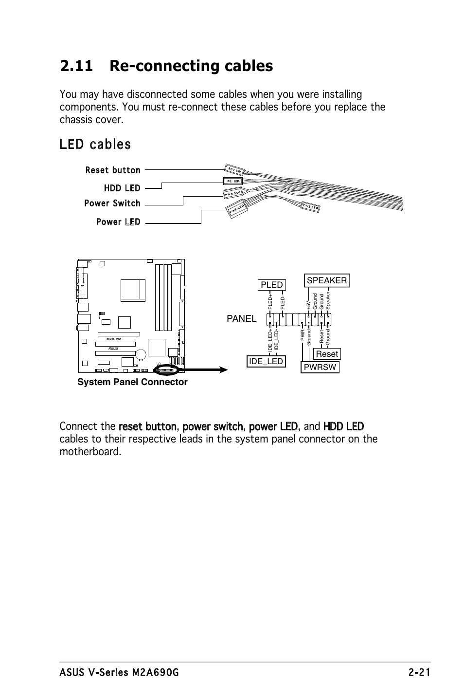 11 re-connecting cables, Led cables, System panel connector panel | Asus M2A690G User Manual | Page 39 / 108