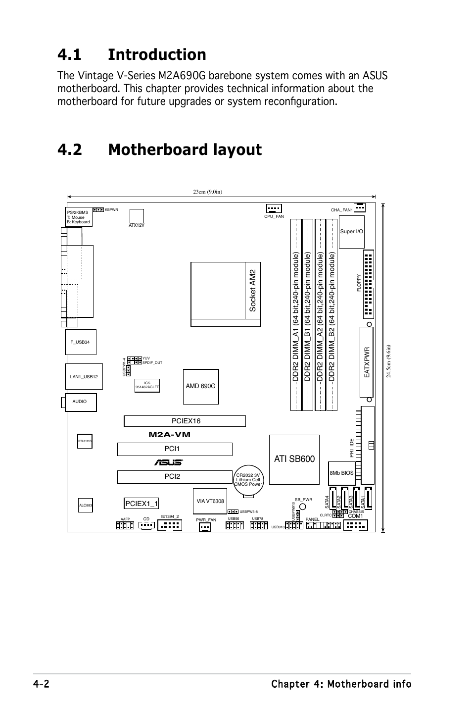 1 introduction, 2 motherboard layout, 2 chapter 4: motherboard info | Ati sb600, Socket am2, M2a-vm | Asus M2A690G User Manual | Page 57 / 108