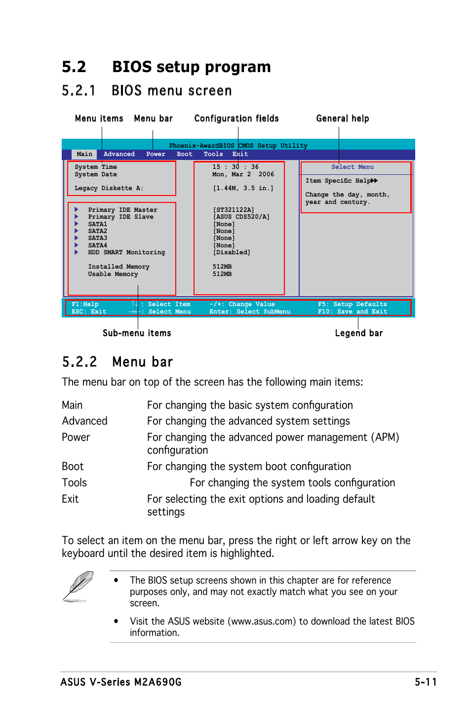 2 bios setup program, 1 bios menu screen 5.2.2 menu bar | Asus M2A690G User Manual | Page 80 / 108