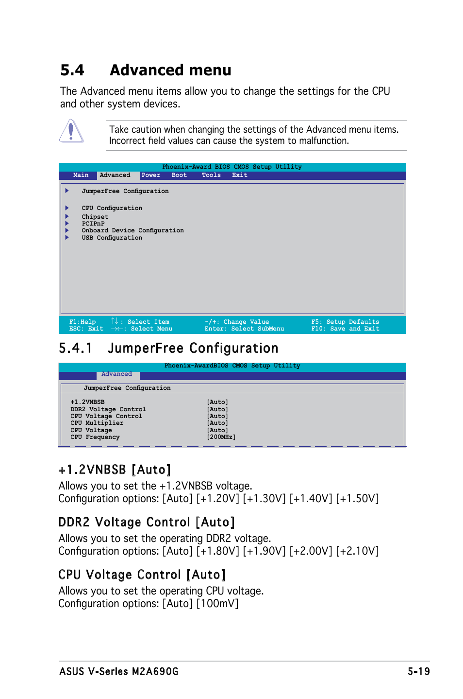 4 advanced menu, 1 jumperfree configuration, 2vnbsb [auto | Ddr2 voltage control [auto, Cpu voltage control [auto | Asus M2A690G User Manual | Page 88 / 108