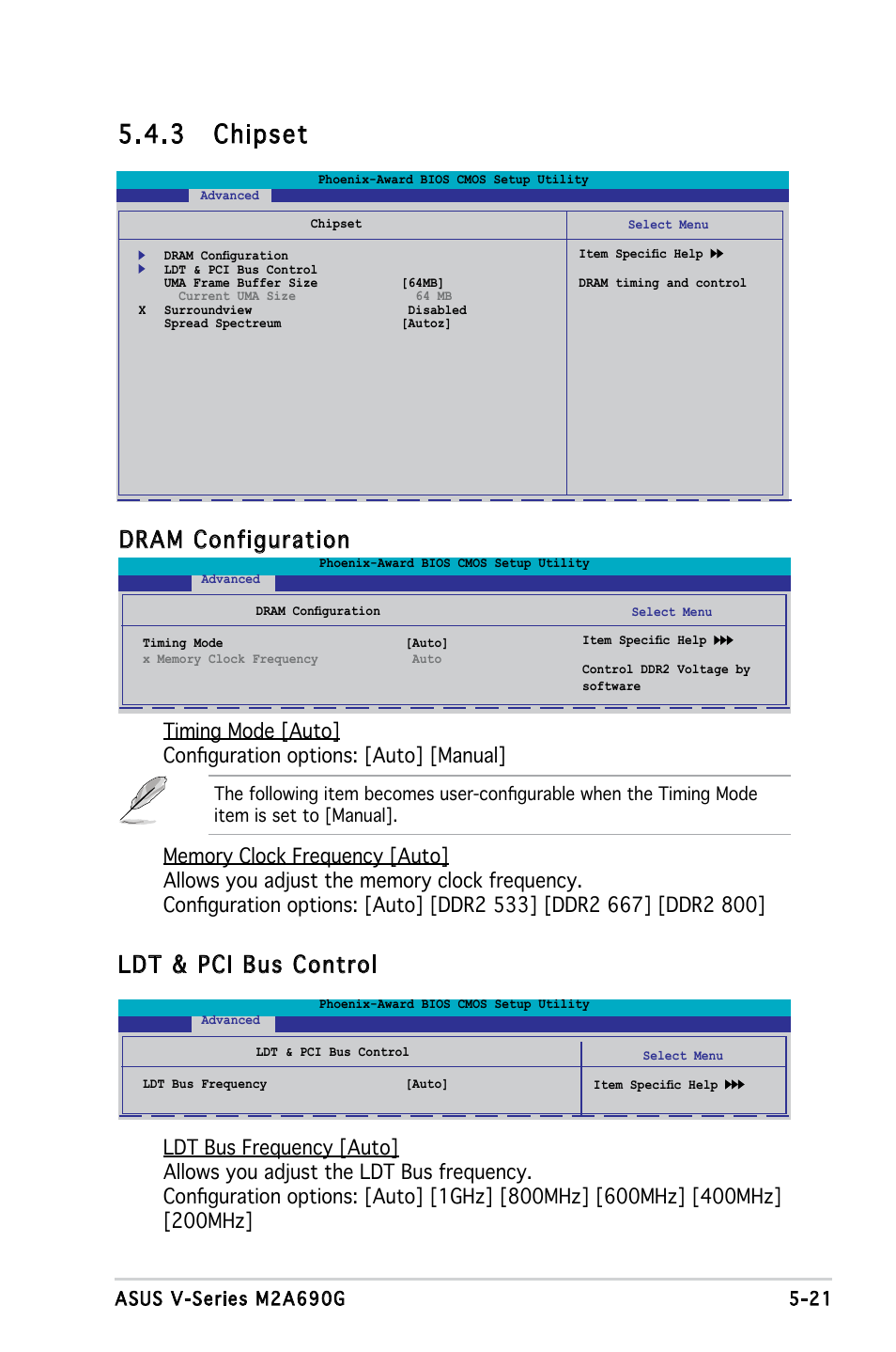 3 chipset, Dram configuration, Ldt & pci bus control | Asus M2A690G User Manual | Page 90 / 108