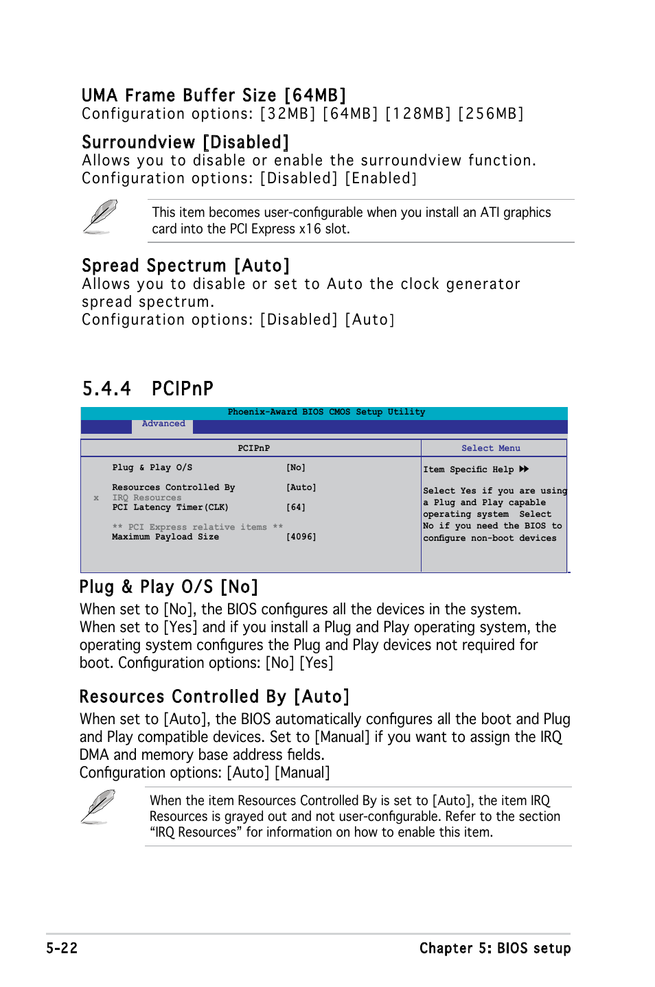 4 pcipnp, Plug & play o/s [no, Resources controlled by [auto | Uma frame buffer size [64mb, Surroundview [disabled, Spread spectrum [auto | Asus M2A690G User Manual | Page 91 / 108