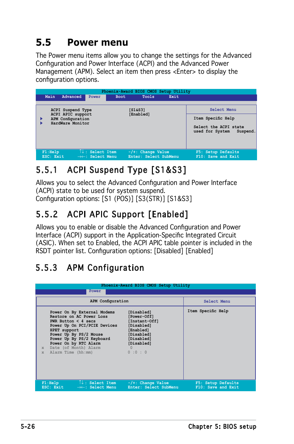 5 power menu, 1 acpi suspend type [s1&s3, 2 acpi apic support [enabled | 3 apm configuration | Asus M2A690G User Manual | Page 95 / 108