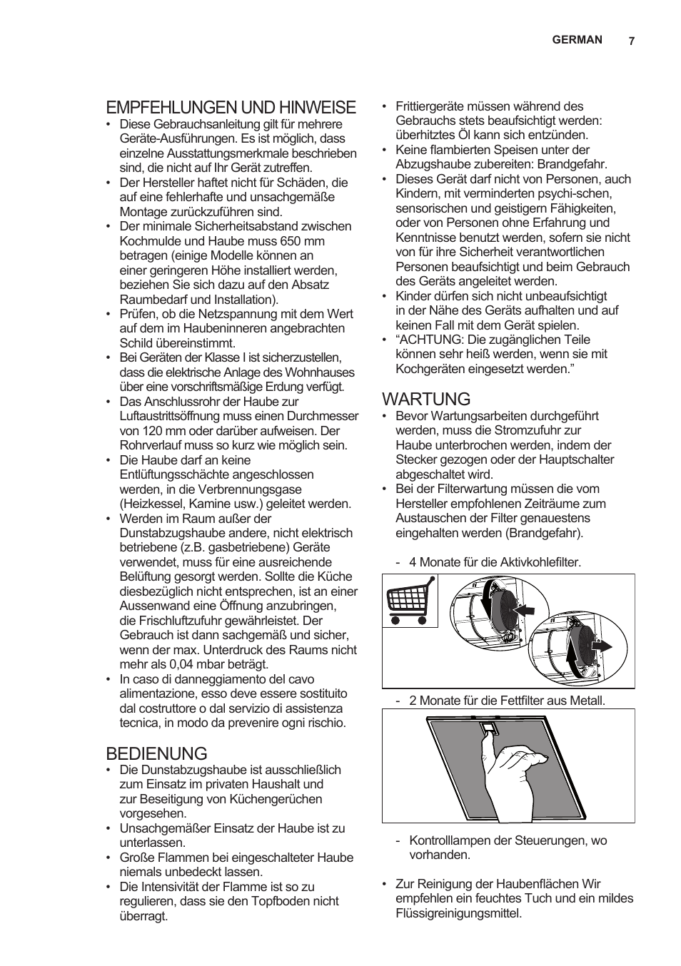 Empfehlungen und hinweise, Bedienung, Wartung | AEG X66453MD0 User Manual | Page 7 / 35