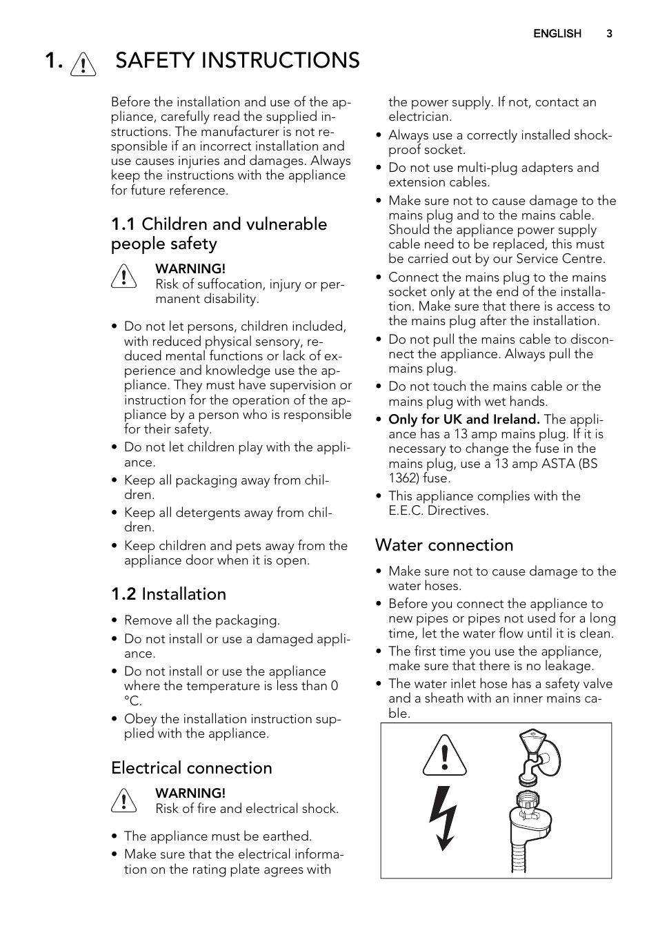 Safety instructions, 1 children and vulnerable people safety, 2 installation | Electrical connection, Water connection | AEG F77012W0P User Manual | Page 3 / 20