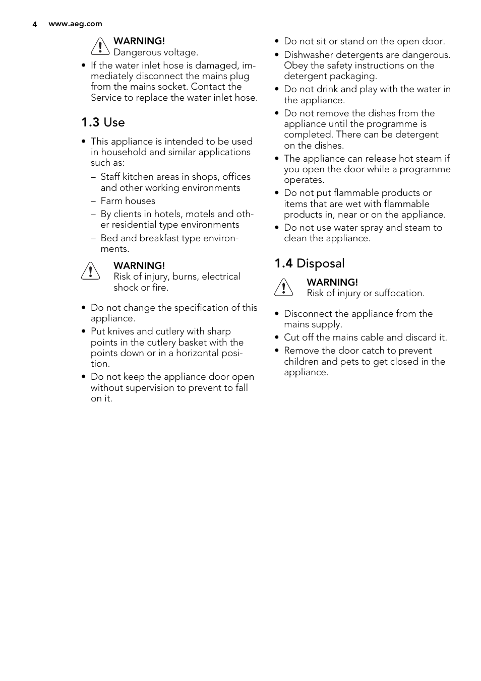 3 use, 4 disposal | AEG F77012W0P User Manual | Page 4 / 20