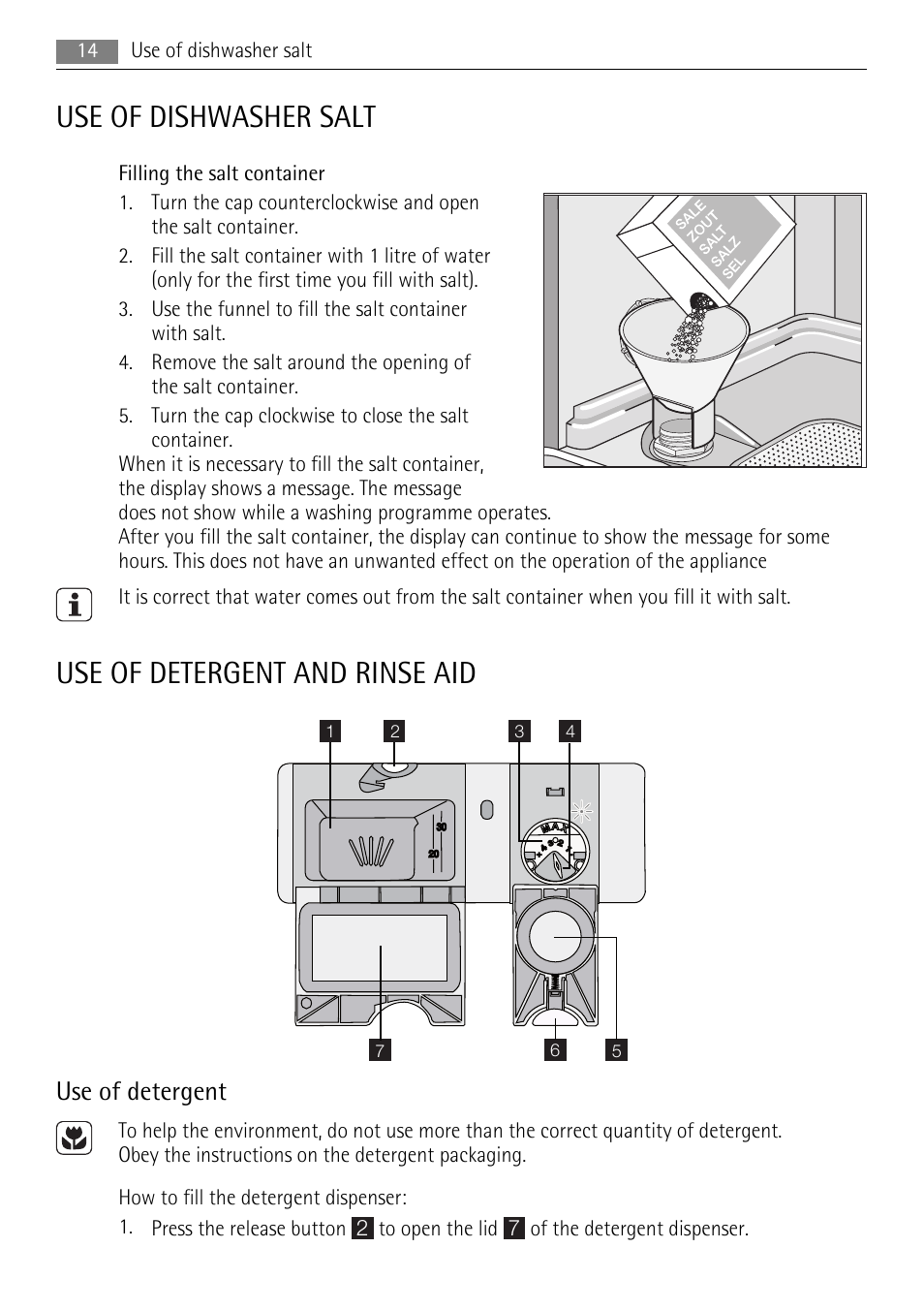 Use of dishwasher salt, Use of detergent and rinse aid, Use of detergent | AEG F99009W0P User Manual | Page 14 / 28