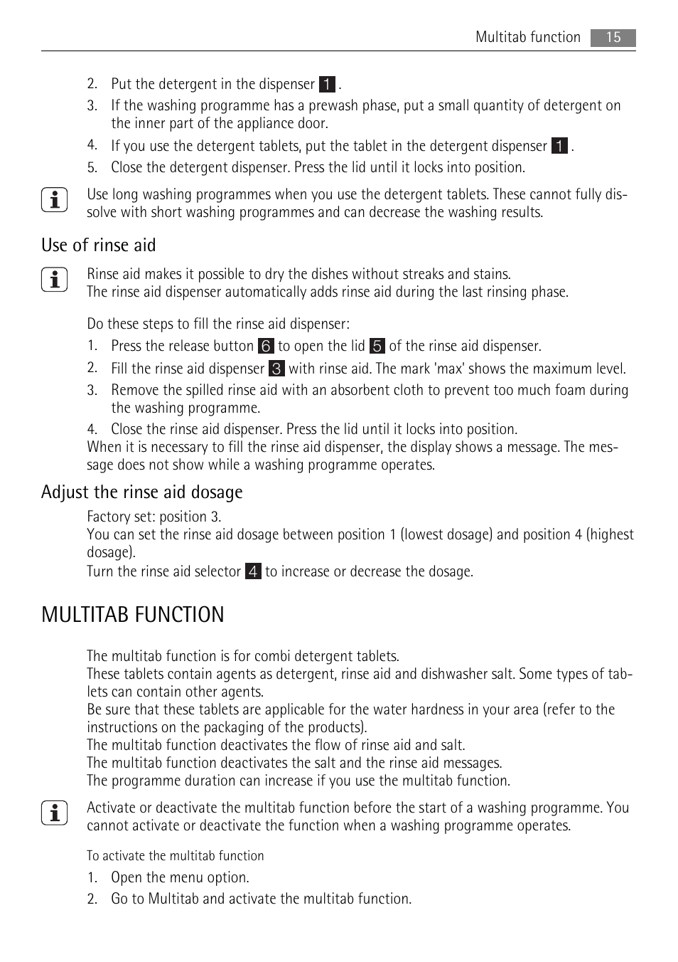 Multitab function, Use of rinse aid, Adjust the rinse aid dosage | AEG F99009W0P User Manual | Page 15 / 28