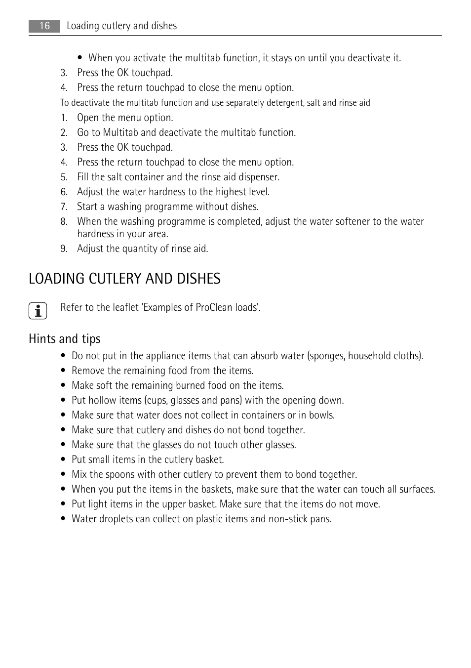 Loading cutlery and dishes, Hints and tips | AEG F99009W0P User Manual | Page 16 / 28