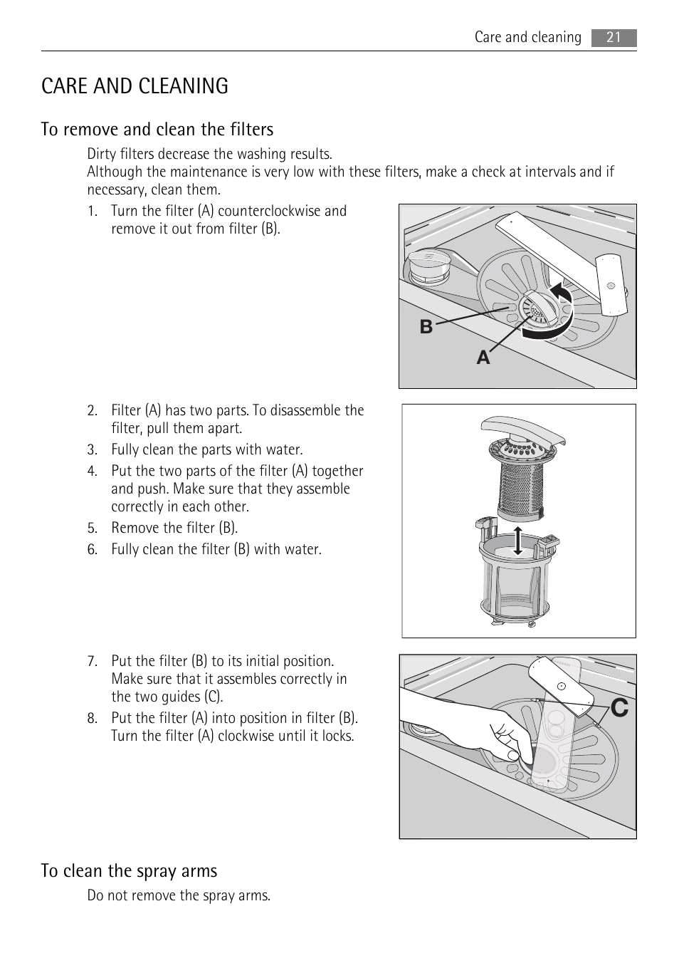 Care and cleaning | AEG F99009W0P User Manual | Page 21 / 28