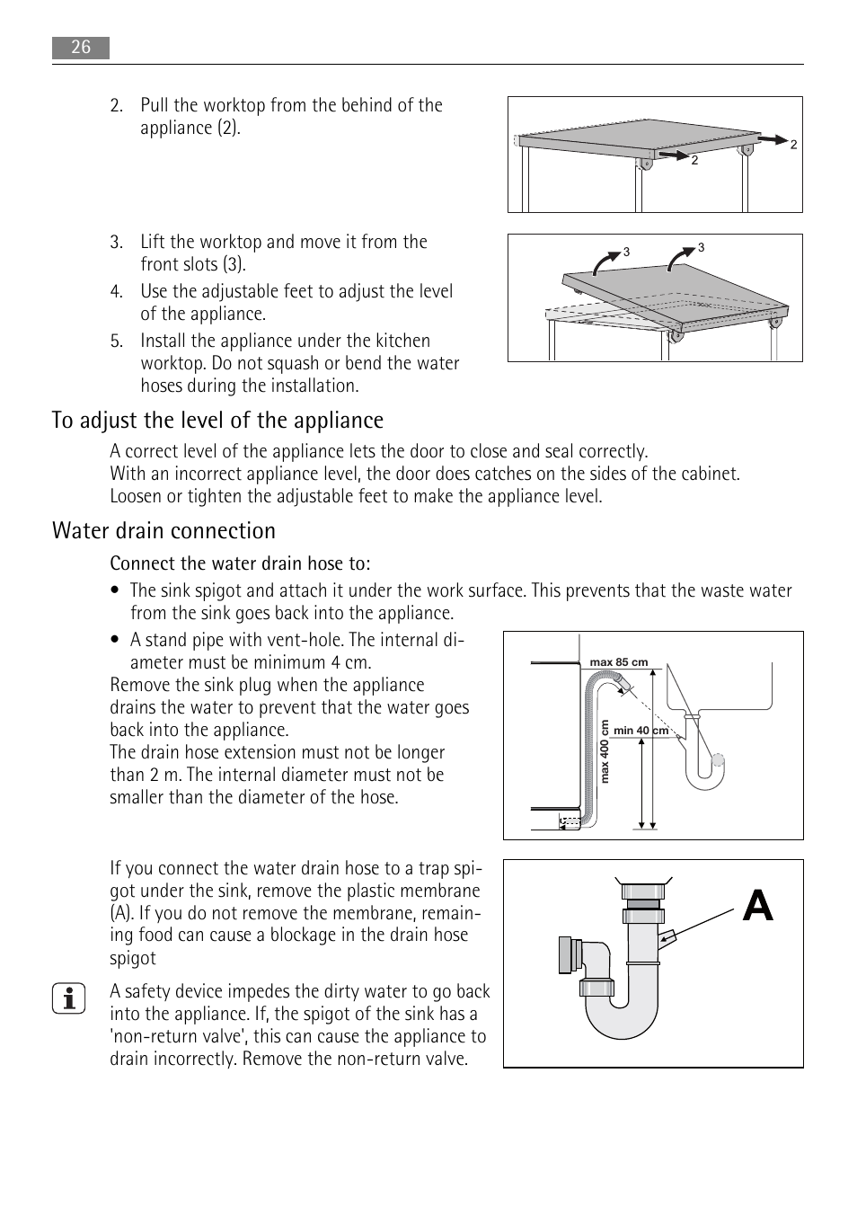 Water drain connection | AEG F99009W0P User Manual | Page 26 / 28