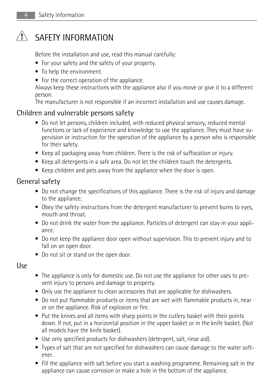 Safety information, Children and vulnerable persons safety, General safety | AEG F99009W0P User Manual | Page 4 / 28