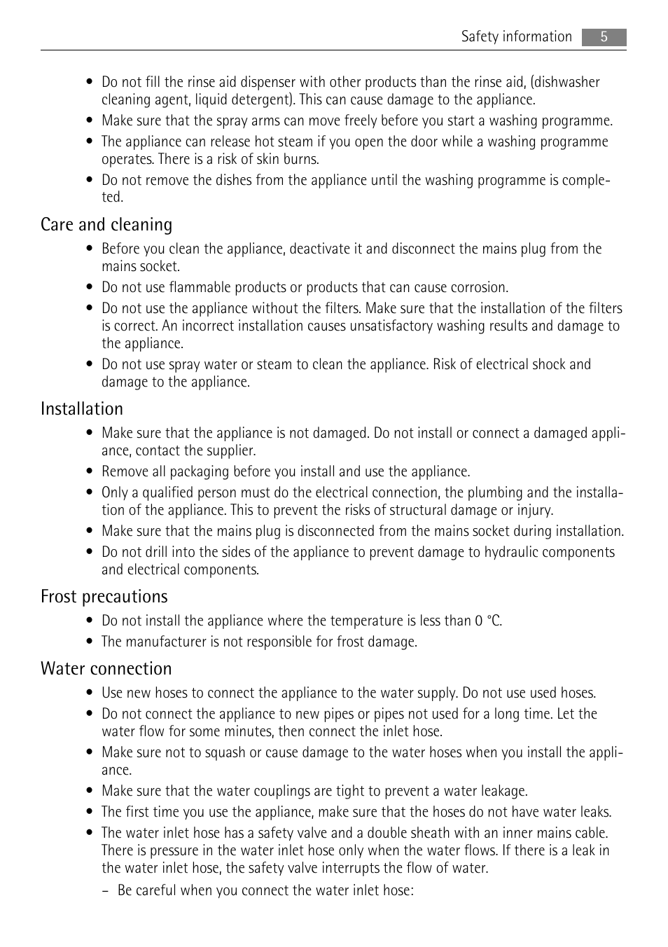 Care and cleaning, Installation, Frost precautions | Water connection | AEG F99009W0P User Manual | Page 5 / 28