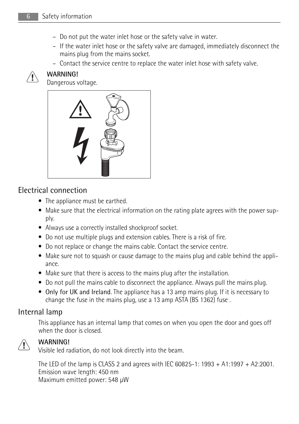 Electrical connection, Internal lamp | AEG F99009W0P User Manual | Page 6 / 28