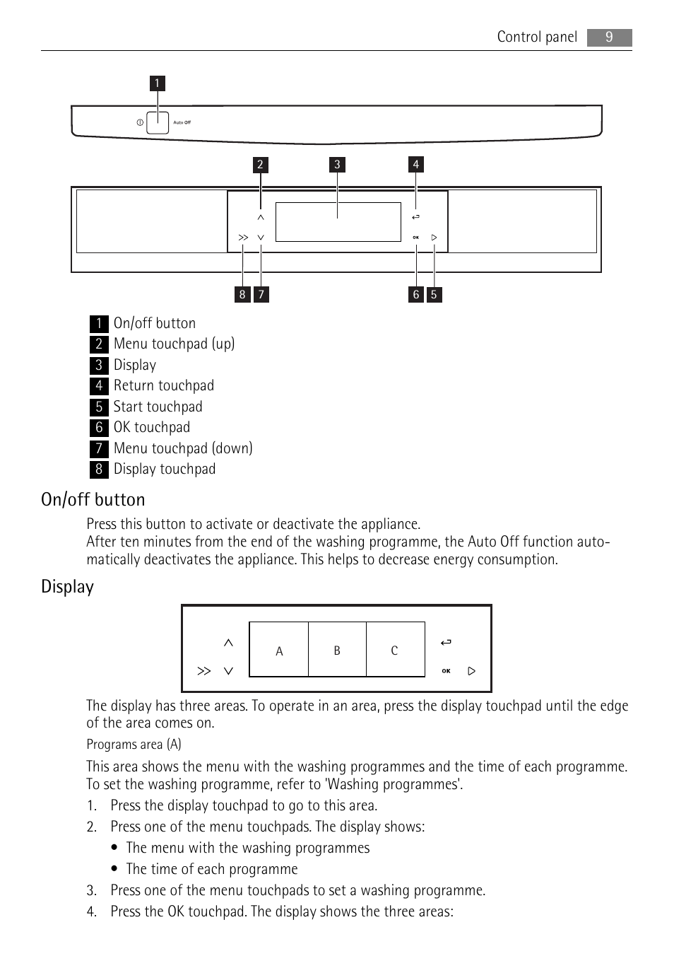 On/off button, Display | AEG F99009W0P User Manual | Page 9 / 28