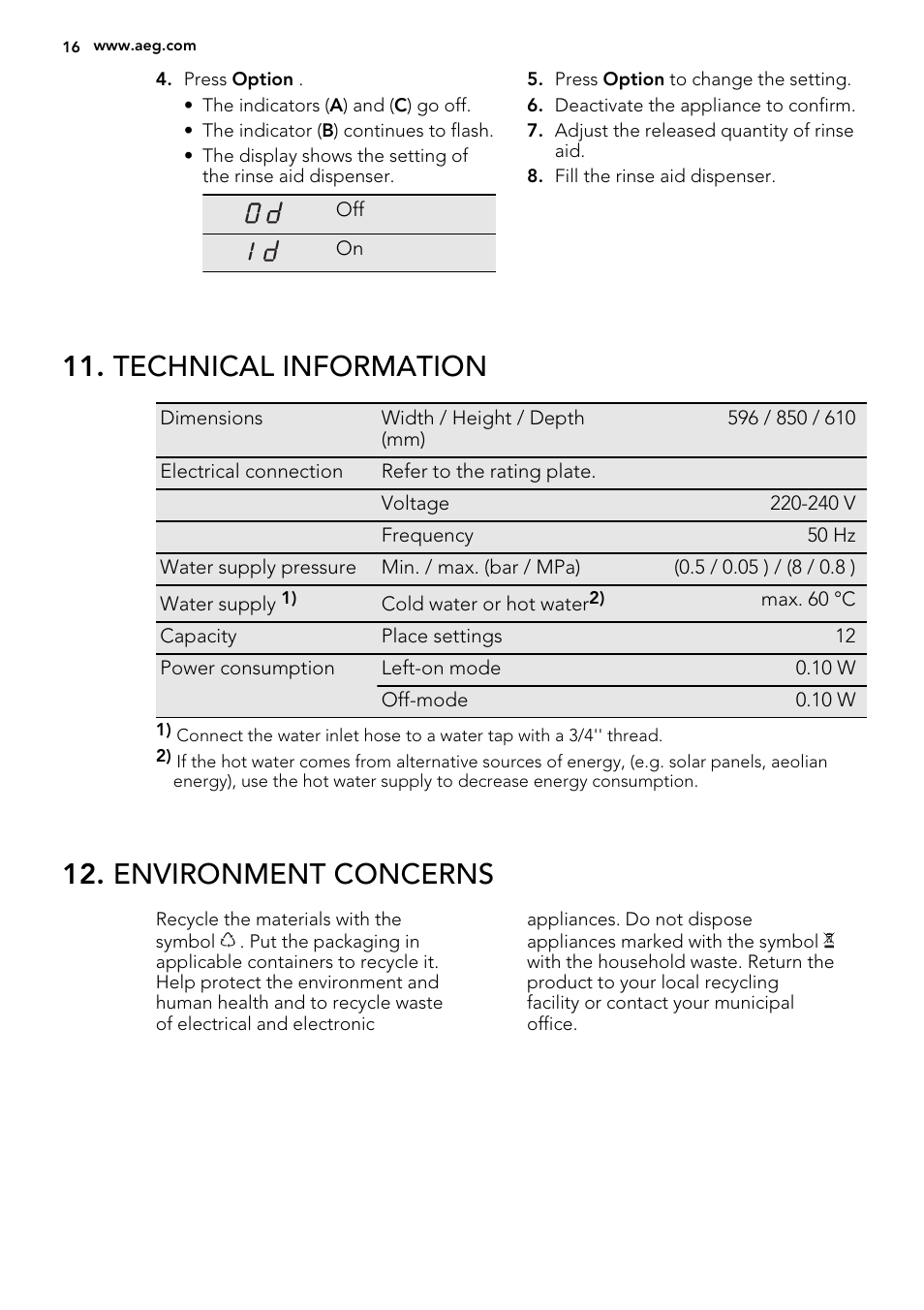 Technical information, Environment concerns | AEG F88072W0P User Manual | Page 16 / 20