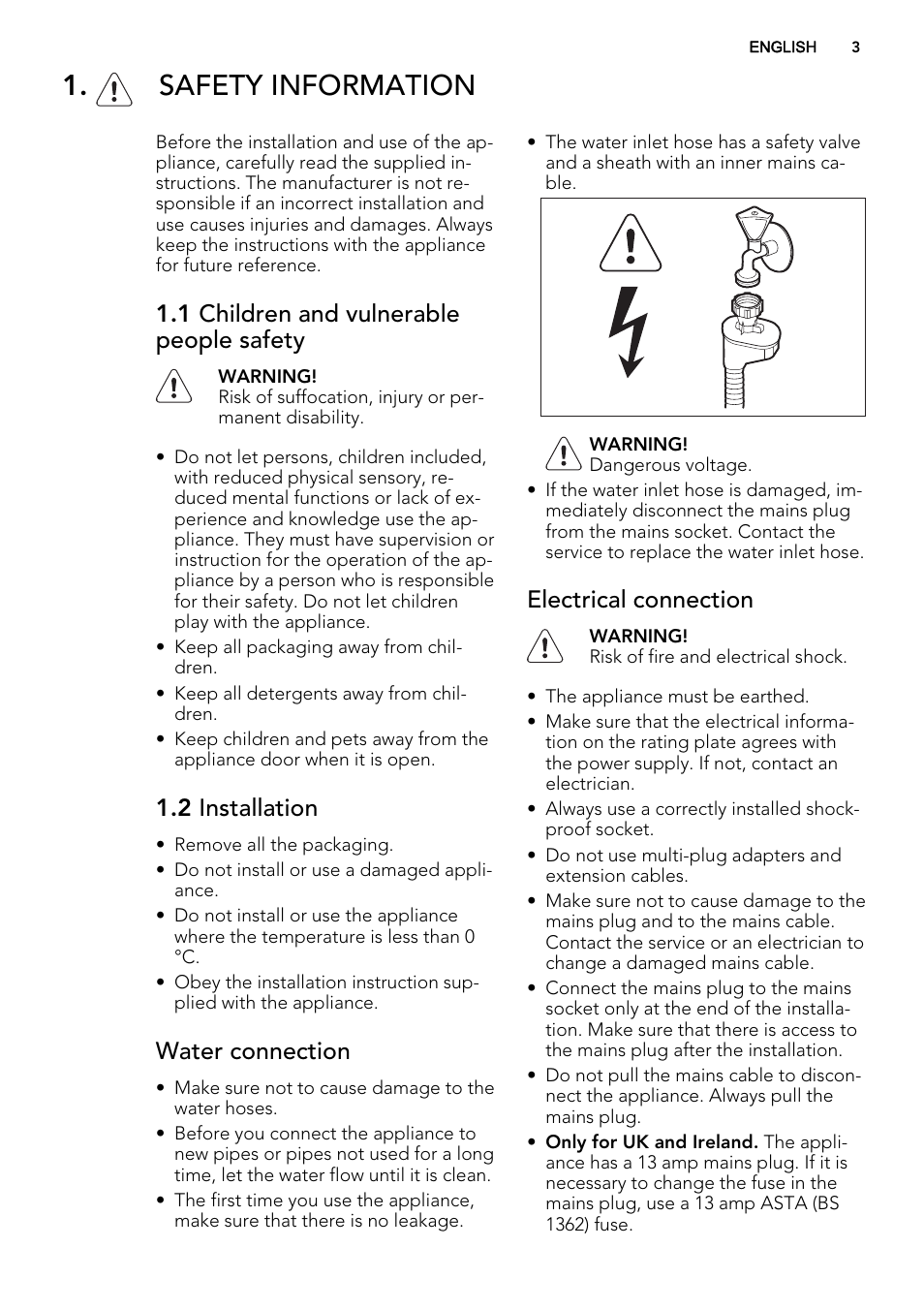 Safety information, 1 children and vulnerable people safety, 2 installation | Water connection, Electrical connection | AEG F88072W0P User Manual | Page 3 / 20