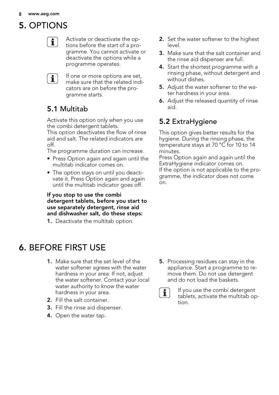 Options, Before first use, 1 multitab | 2 extrahygiene | AEG F88072W0P User Manual | Page 8 / 20