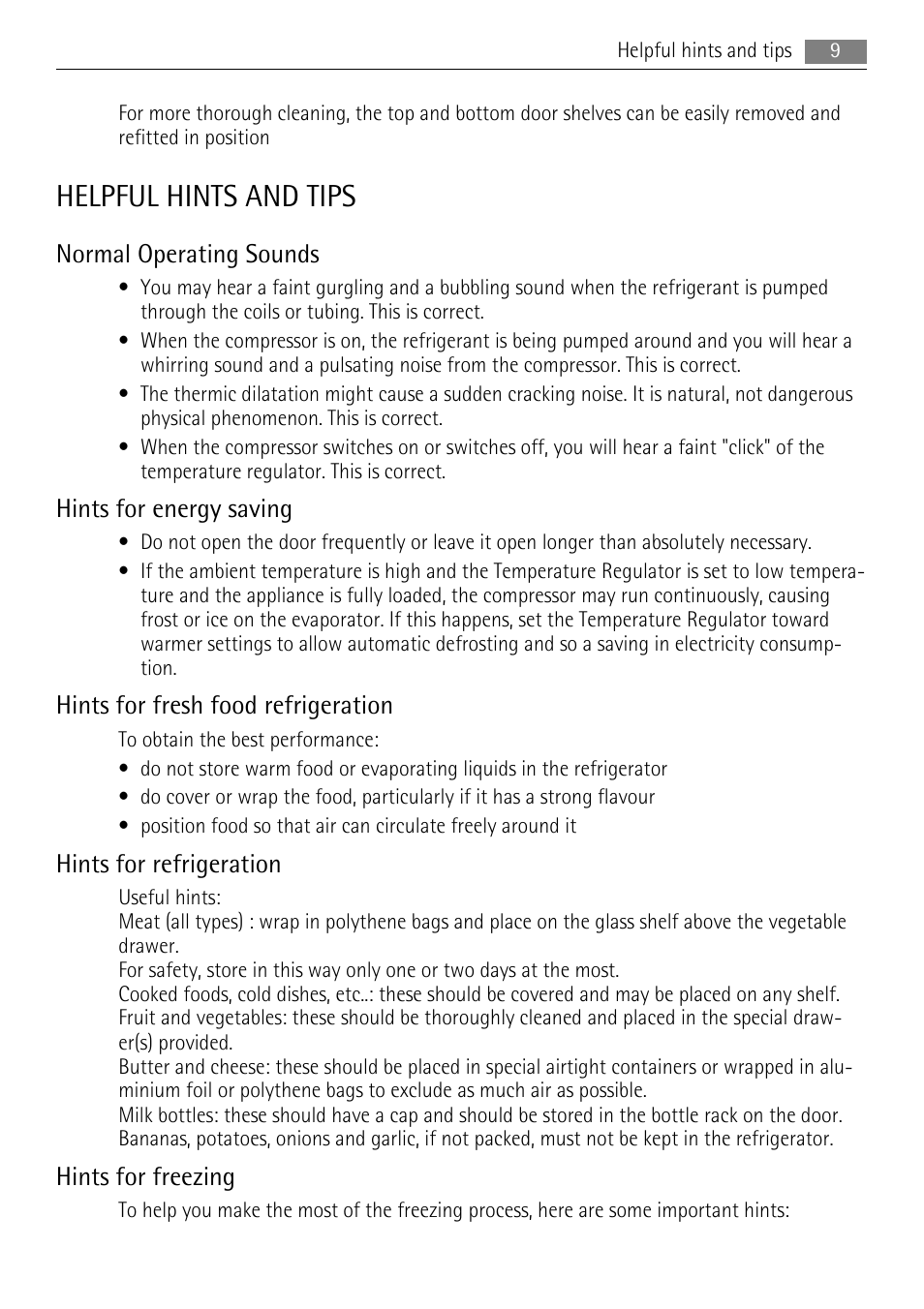 Helpful hints and tips, Normal operating sounds, Hints for energy saving | Hints for fresh food refrigeration, Hints for refrigeration, Hints for freezing | AEG SKS71840S0 User Manual | Page 9 / 20