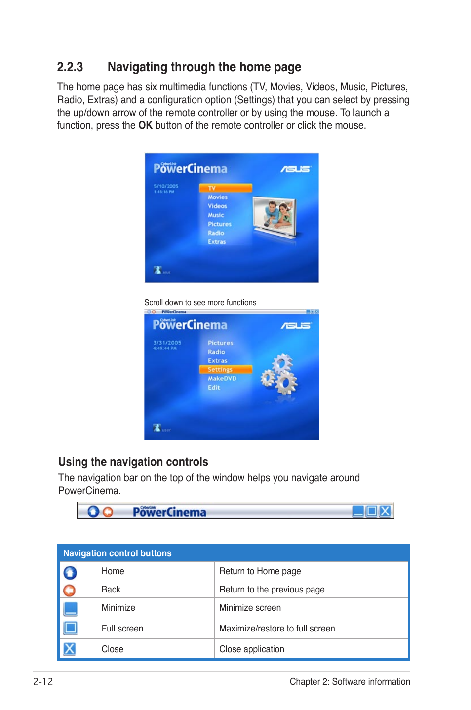 3 navigating through the home page, Using the navigation controls | Asus My Cinema Series User Manual | Page 34 / 66