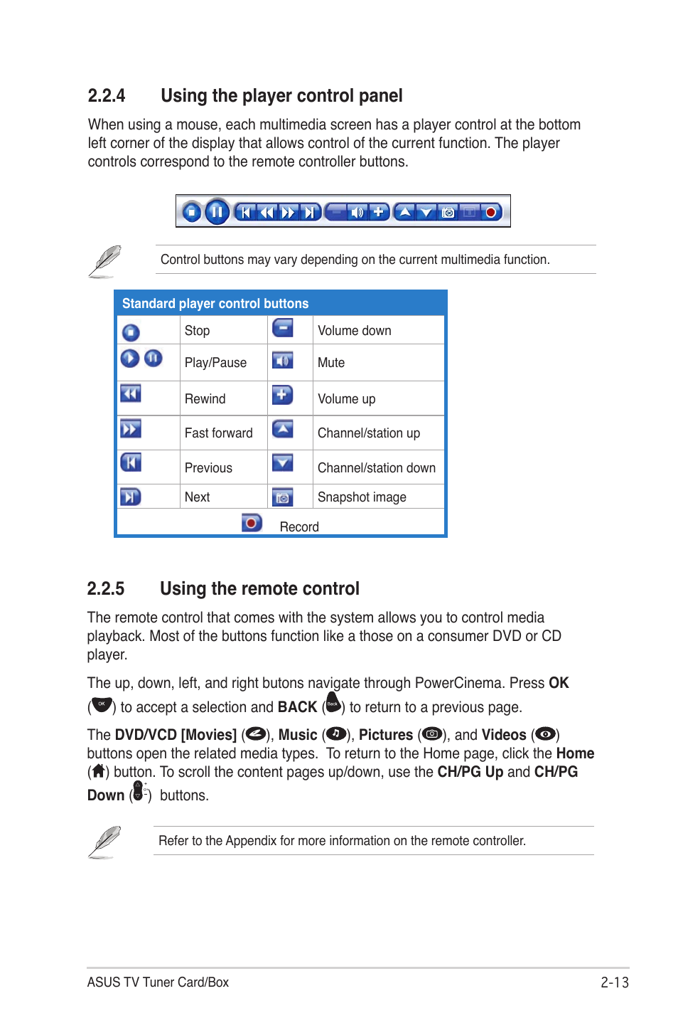 Using the player control panel -13, Using the remote control -13, 4 using the player control panel | 5 using the remote control | Asus My Cinema Series User Manual | Page 35 / 66