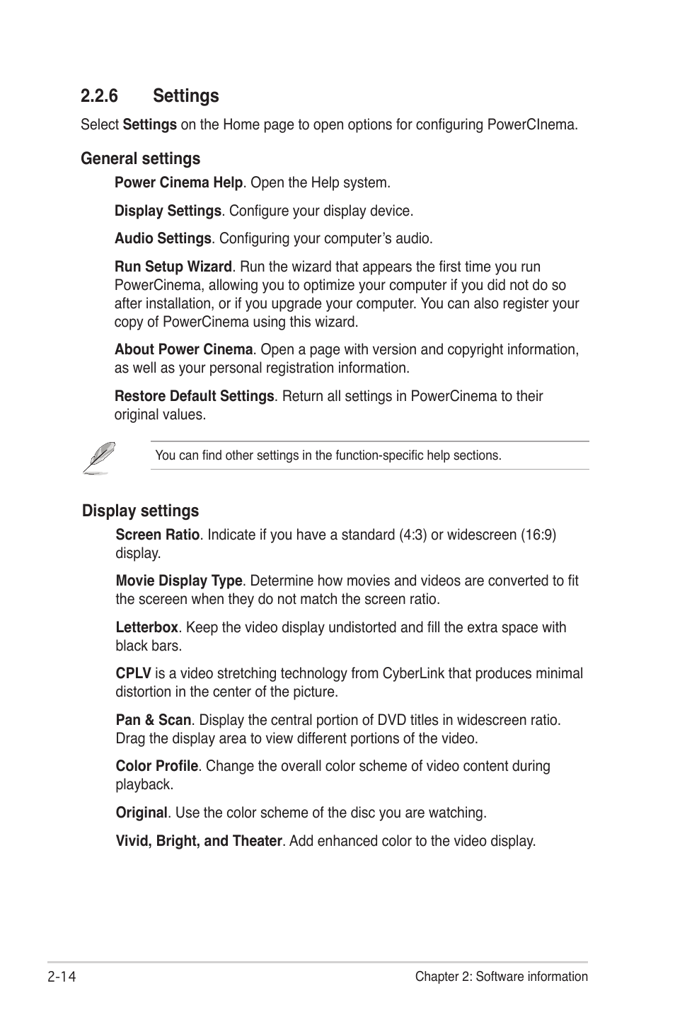 Settings -14, 6 settings | Asus My Cinema Series User Manual | Page 36 / 66