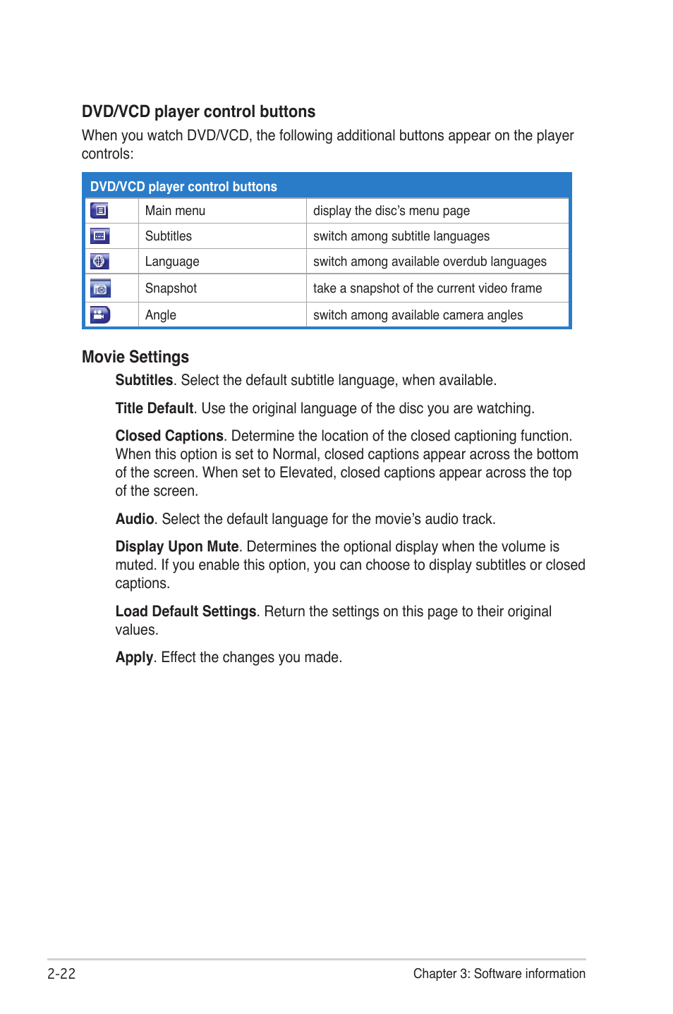 Dvd/vcd player control buttons, Movie settings | Asus My Cinema Series User Manual | Page 44 / 66