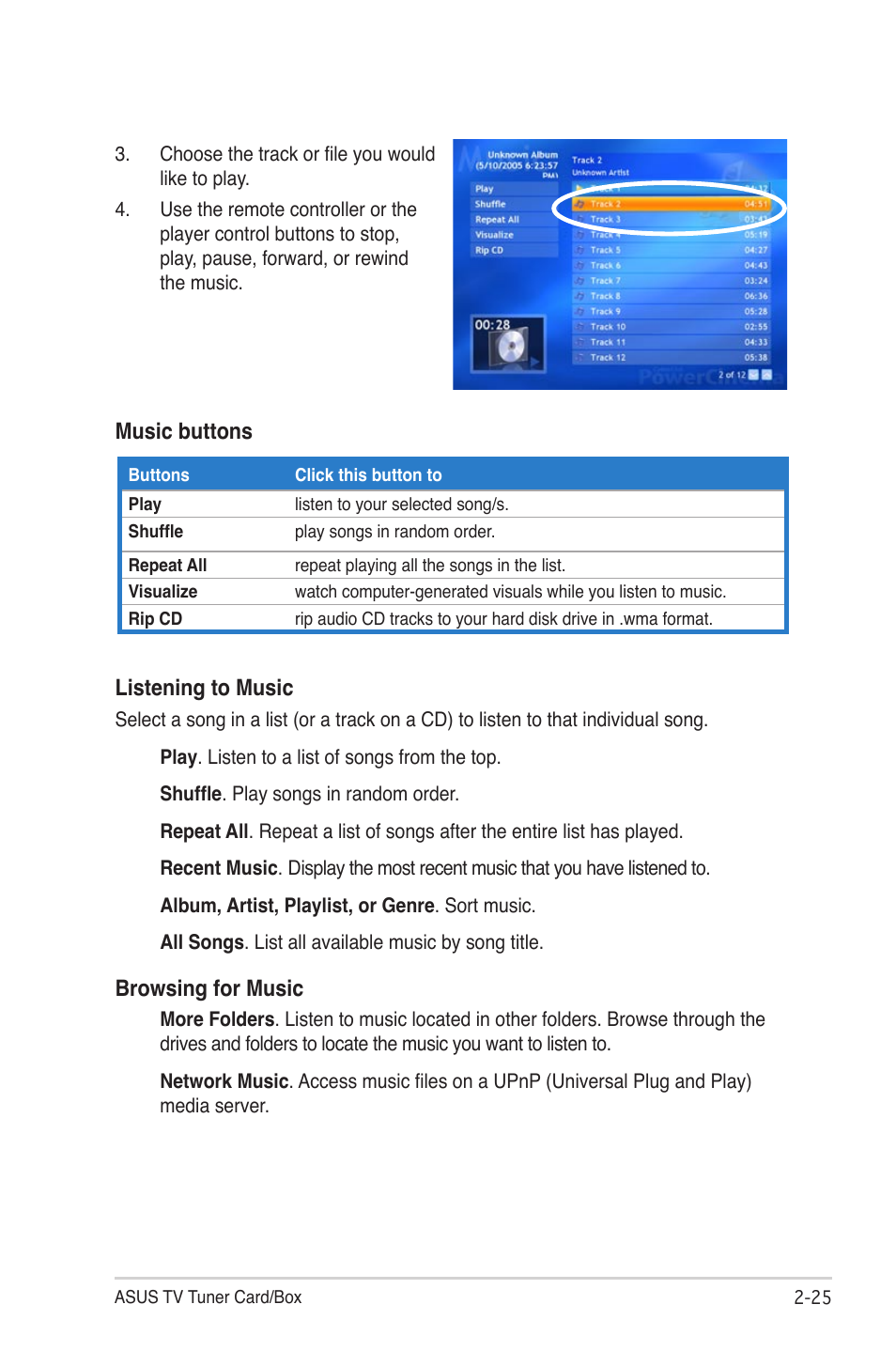 Music buttons listening to music, Browsing for music | Asus My Cinema Series User Manual | Page 47 / 66