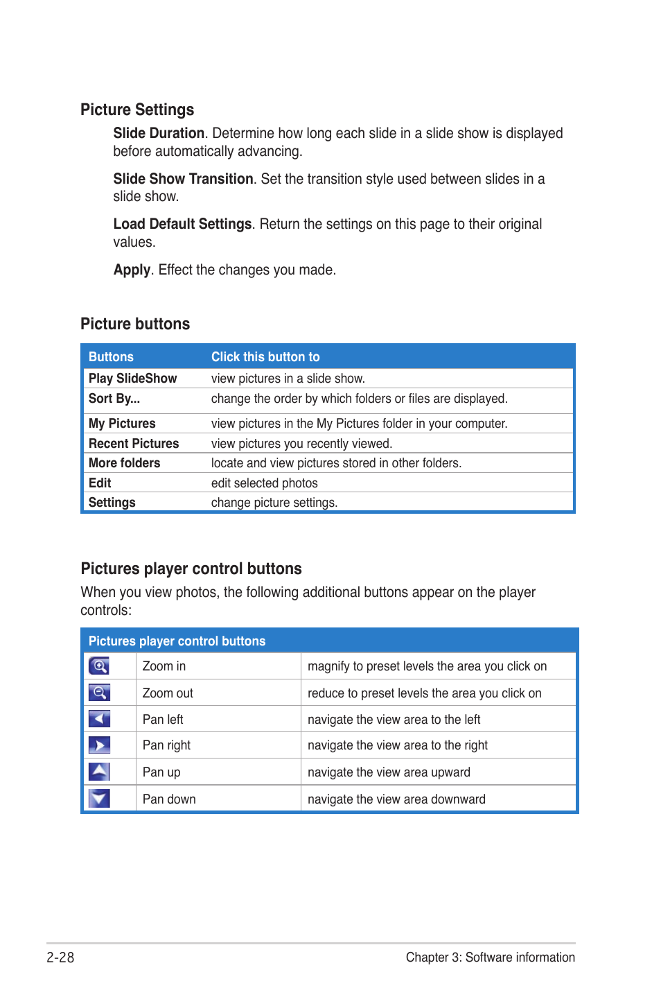 Picture settings, Pictures player control buttons, Picture buttons | Asus My Cinema Series User Manual | Page 50 / 66