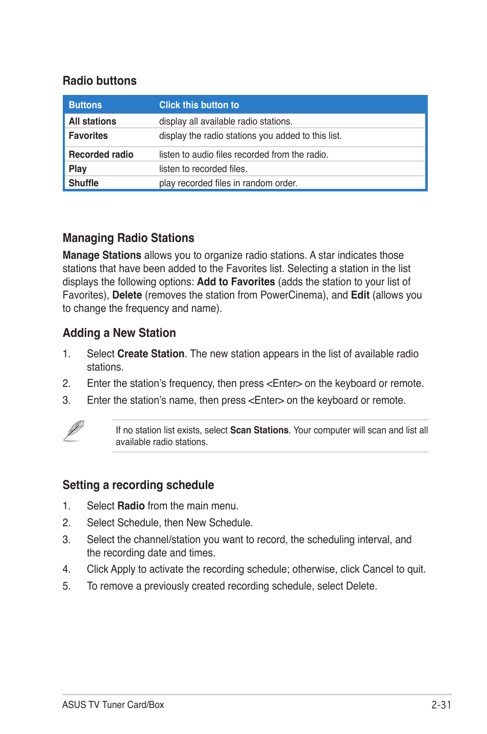 Radio buttons managing radio stations, Adding a new station, Setting a recording schedule | Asus My Cinema Series User Manual | Page 53 / 66