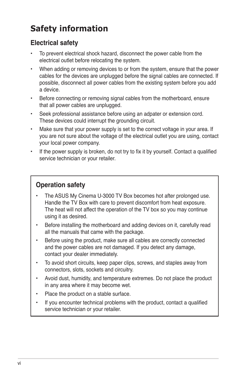 Safety information, Electrical safety, Operation safety | Asus My Cinema Series User Manual | Page 6 / 66