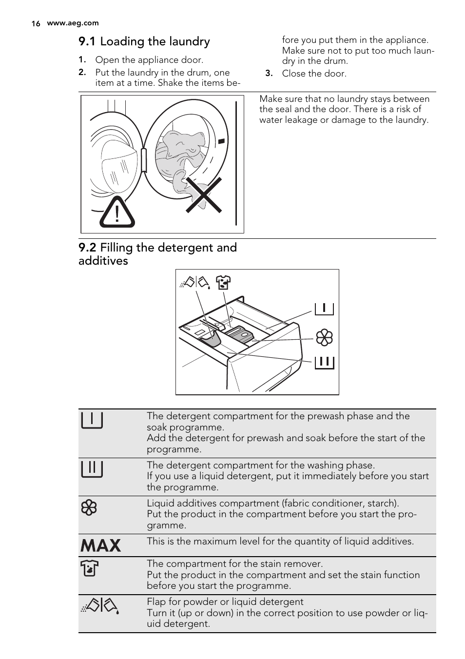 1 loading the laundry, 2 filling the detergent and additives | AEG L88409FL2 User Manual | Page 16 / 36