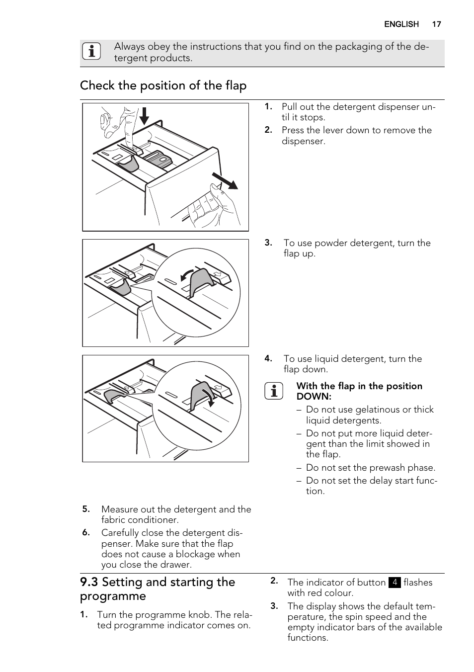 Check the position of the flap, 3 setting and starting the programme | AEG L88409FL2 User Manual | Page 17 / 36