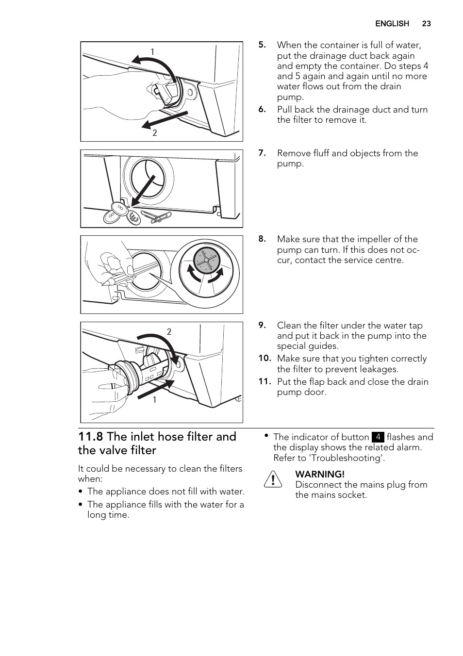 8 the inlet hose filter and the valve filter | AEG L88409FL2 User Manual | Page 23 / 36